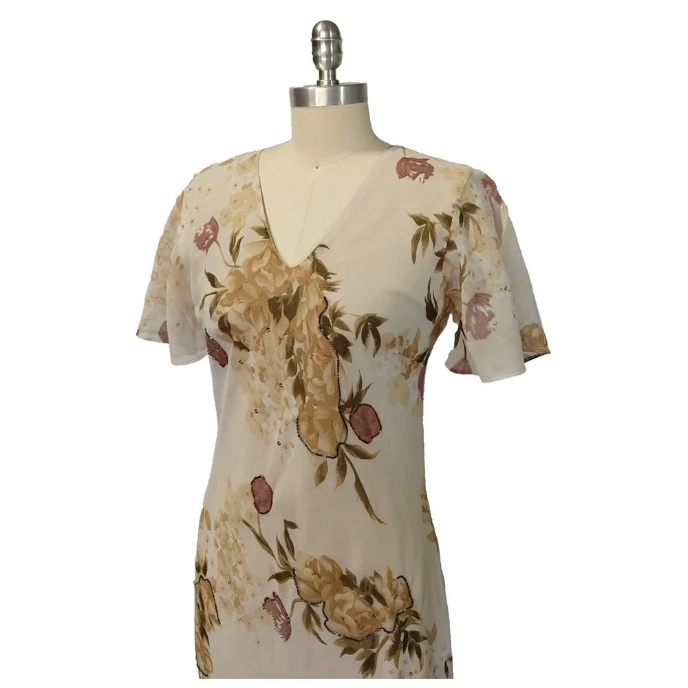 Vintage Y2K Floral Print Bias Cut Maxi Dress Size M Flutter Sleeve Ivory V Neck